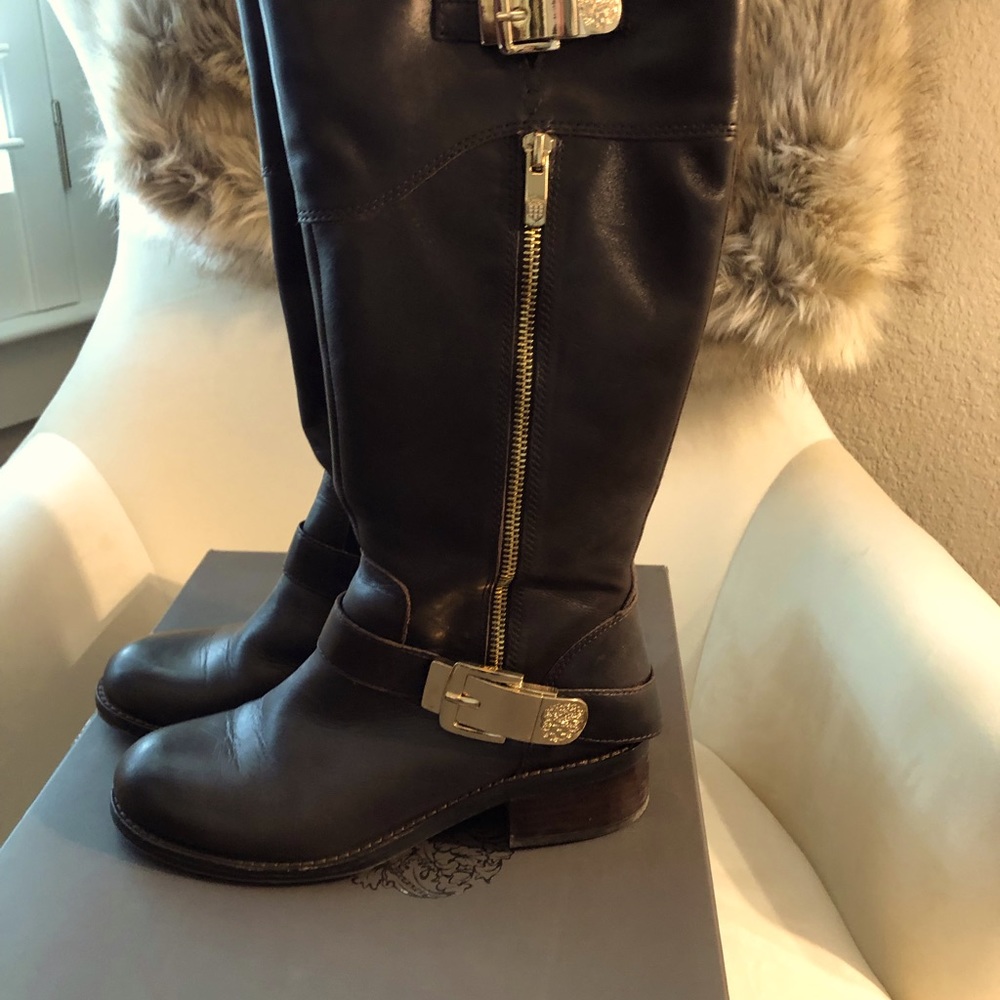 Vince Camuto chocolate boots with goldstone trim